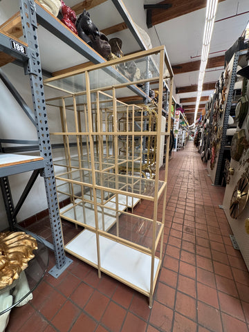 Gold Metal and Glass Display Shelf Unit with White Base