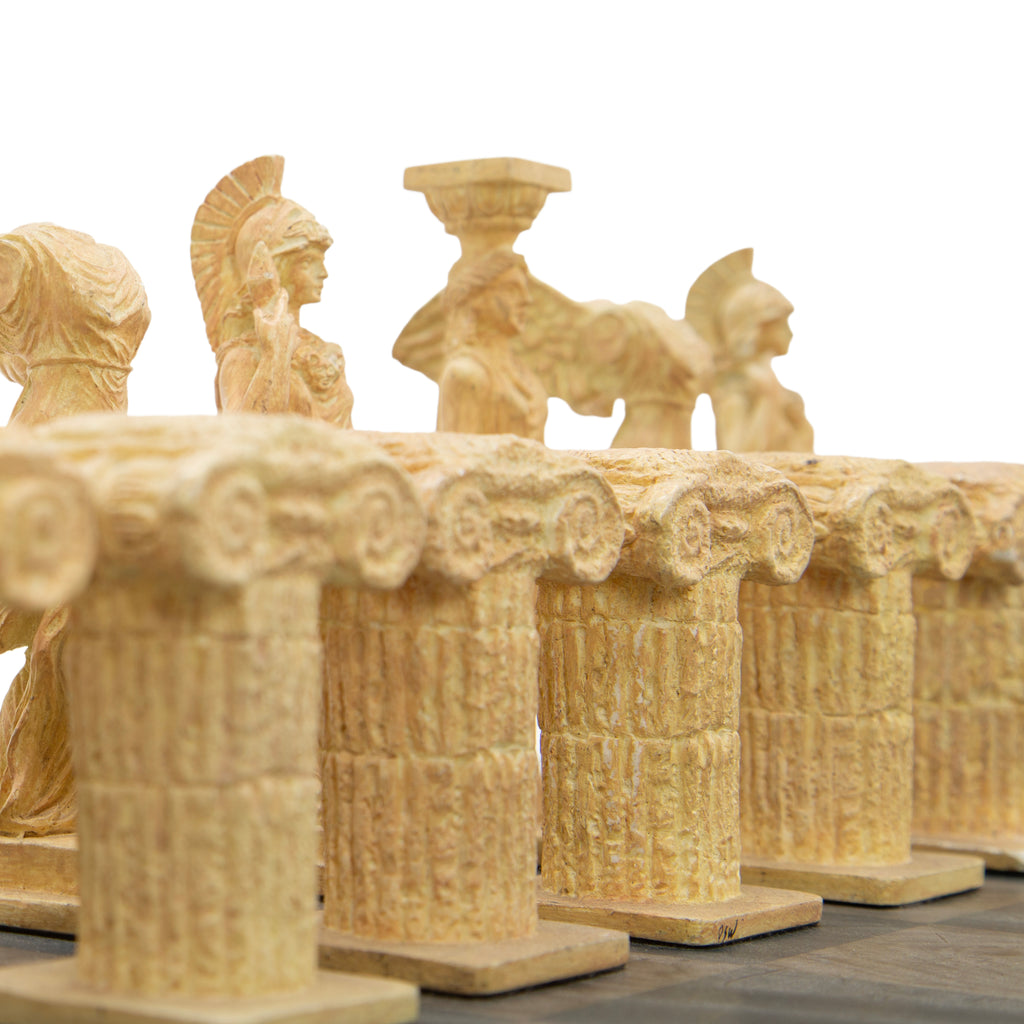 Classical Greek Themed Resin Chess Set with Blue and Gray Board