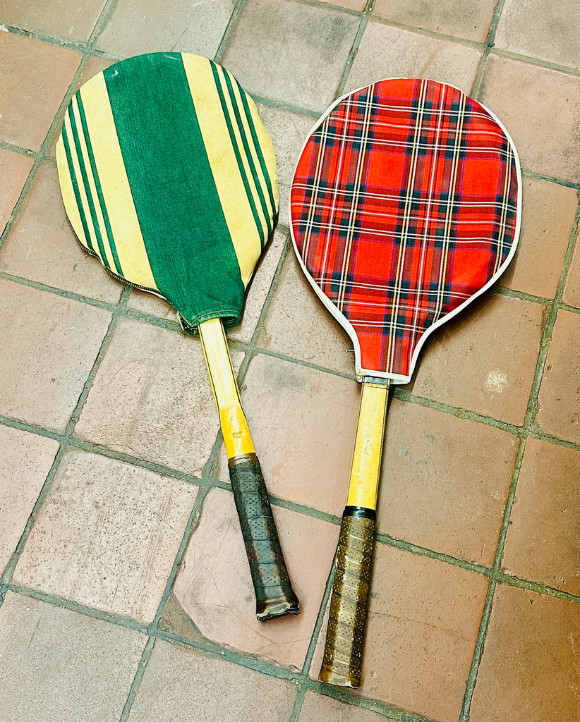 Pair of Vintage Tennis Rackets with Patterned Covers
