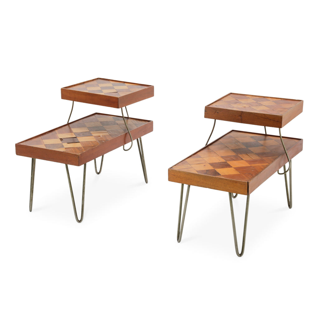 Modern Tiered Wood Inlaid End Tables with Hairpin Legs