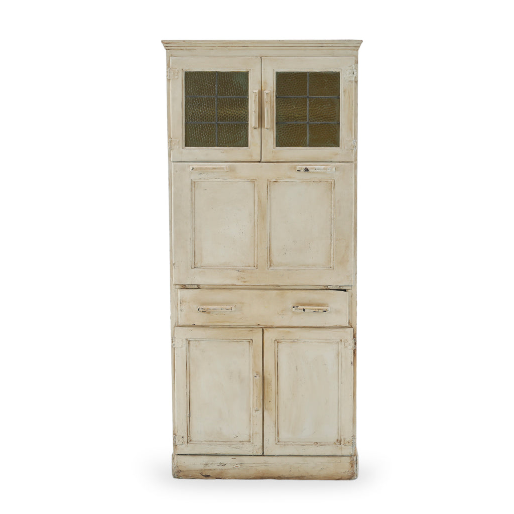 Distressed Cream Wood Hutch with Textured Glass Doors