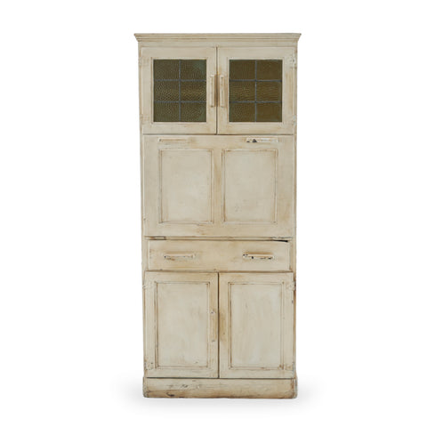 Distressed Cream Wood Hutch with Textured Glass Doors