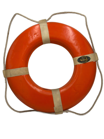 Vintage Orange Plastic Life Preserver with Rope and Distressed Metal Tag