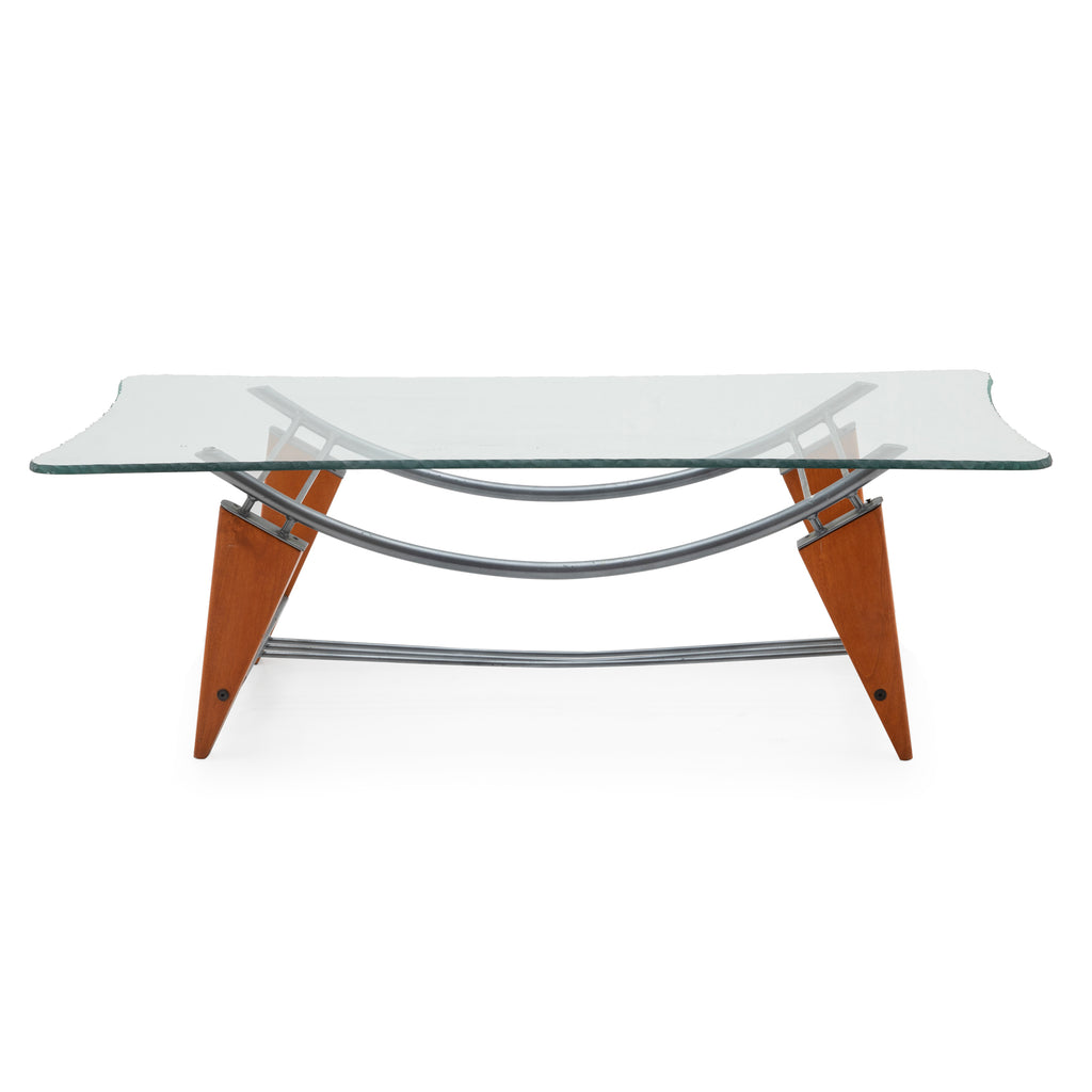 Demi-Lune Clear Glass Console Table with Wood Legs and Metal Accents