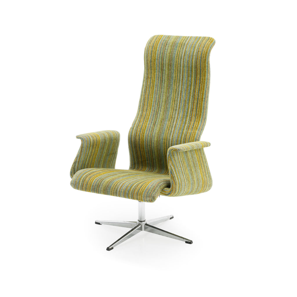 Mustard Yellow, Teal, and Gray Striped Upholstered High-Back Armchair