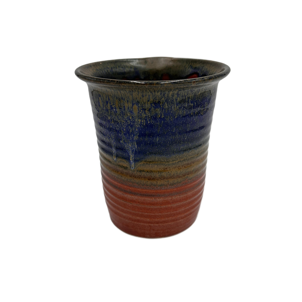 Glazed Blue and Rust Ribbed Ceramic Vase