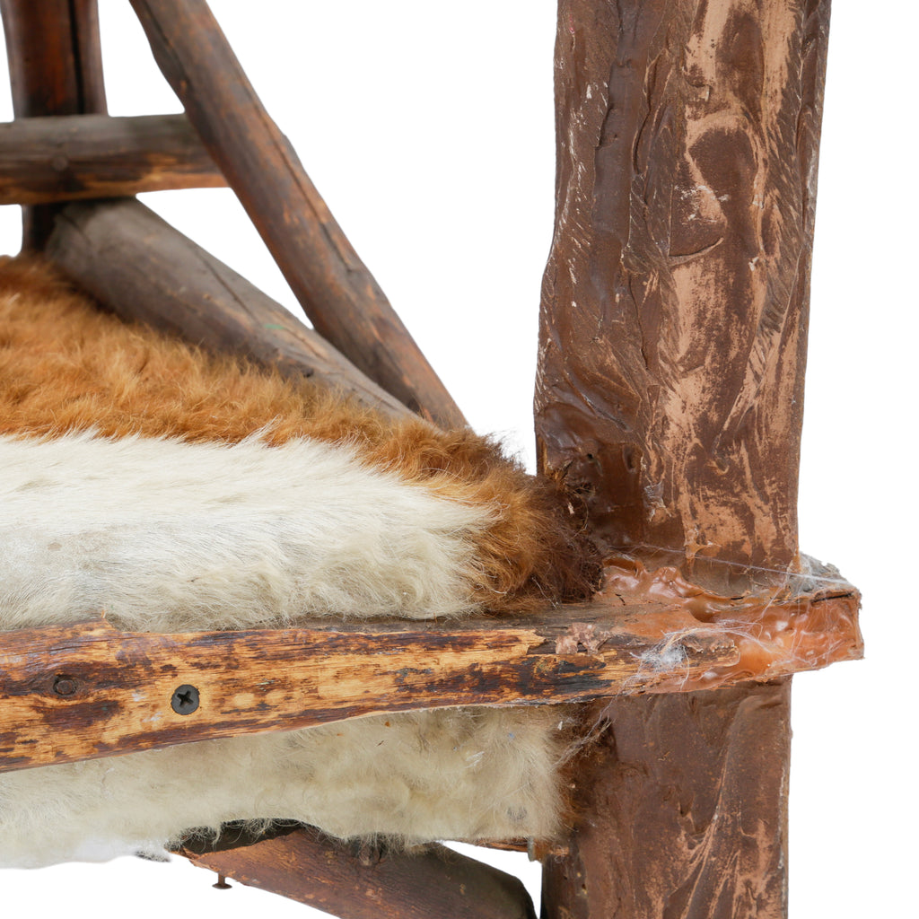 Raw Wood Armchair with Brown and White Animal Hide Fur