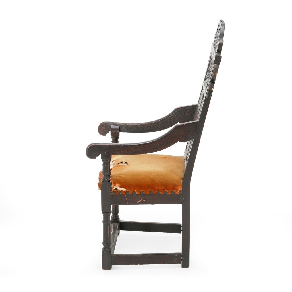 Distressed Dark Oak Carved Jacobean Armchair