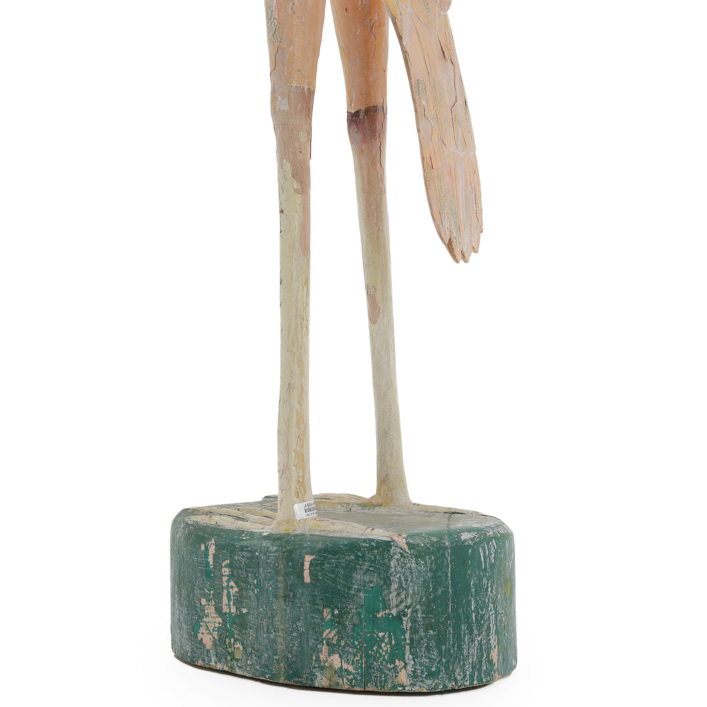 Pale Pink and Teal Wood Carved Heron