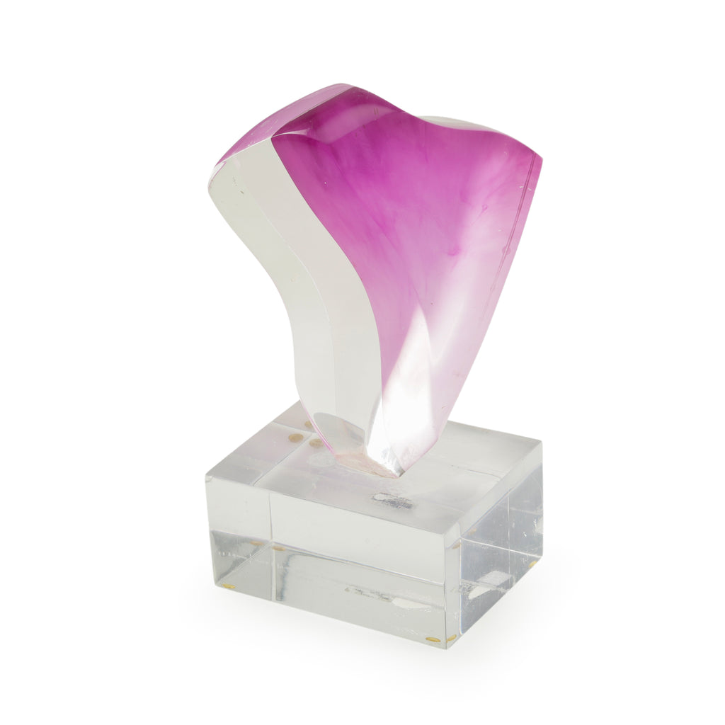 Clear Acrylic Abstract Sculpture with Magenta Ribbon Design