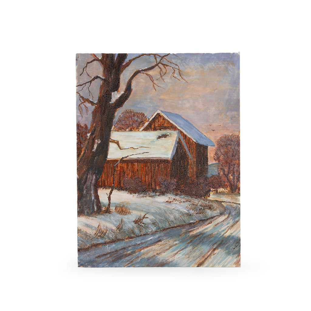 Rustic Winter Barn Landscape Painting