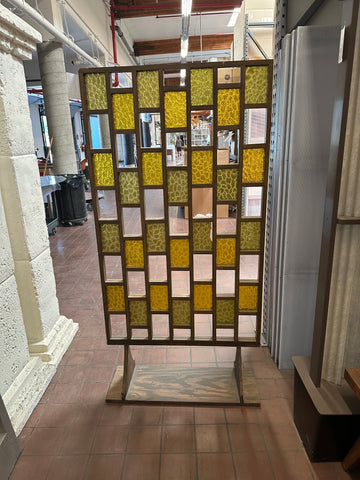 Wood and Amber Textured Glass Room Divider Screen