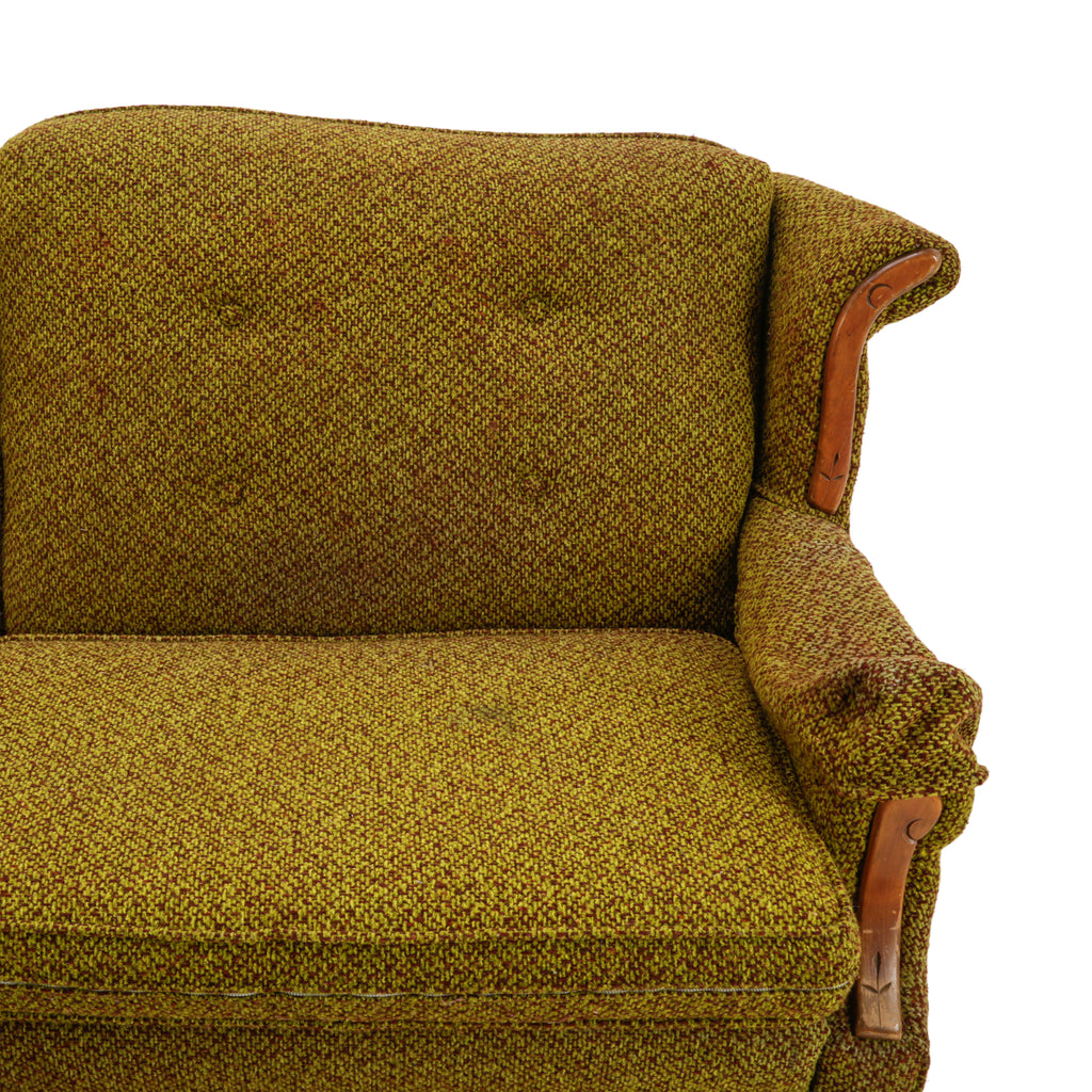 Vintage Olive Green & Brown Tweed Button-Tufted Loveseat Sofa