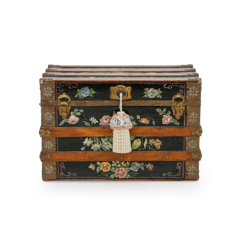 Black Wooden Trunk with Hand-Painted Floral Motifs and Brass Hardware