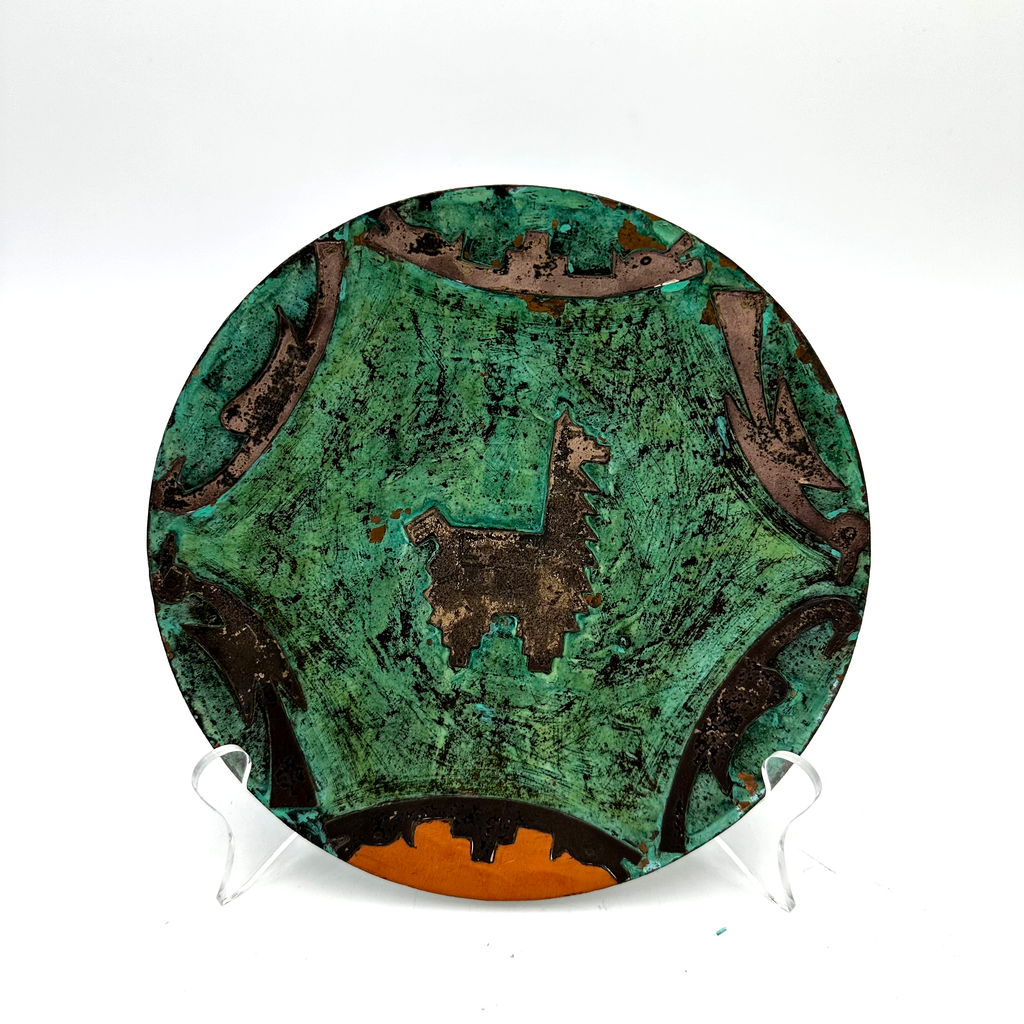 Patinated Copper Decorative Plate with Llama Motif