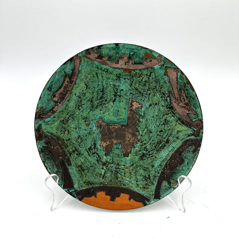 Patinated Copper Decorative Plate with Llama Motif