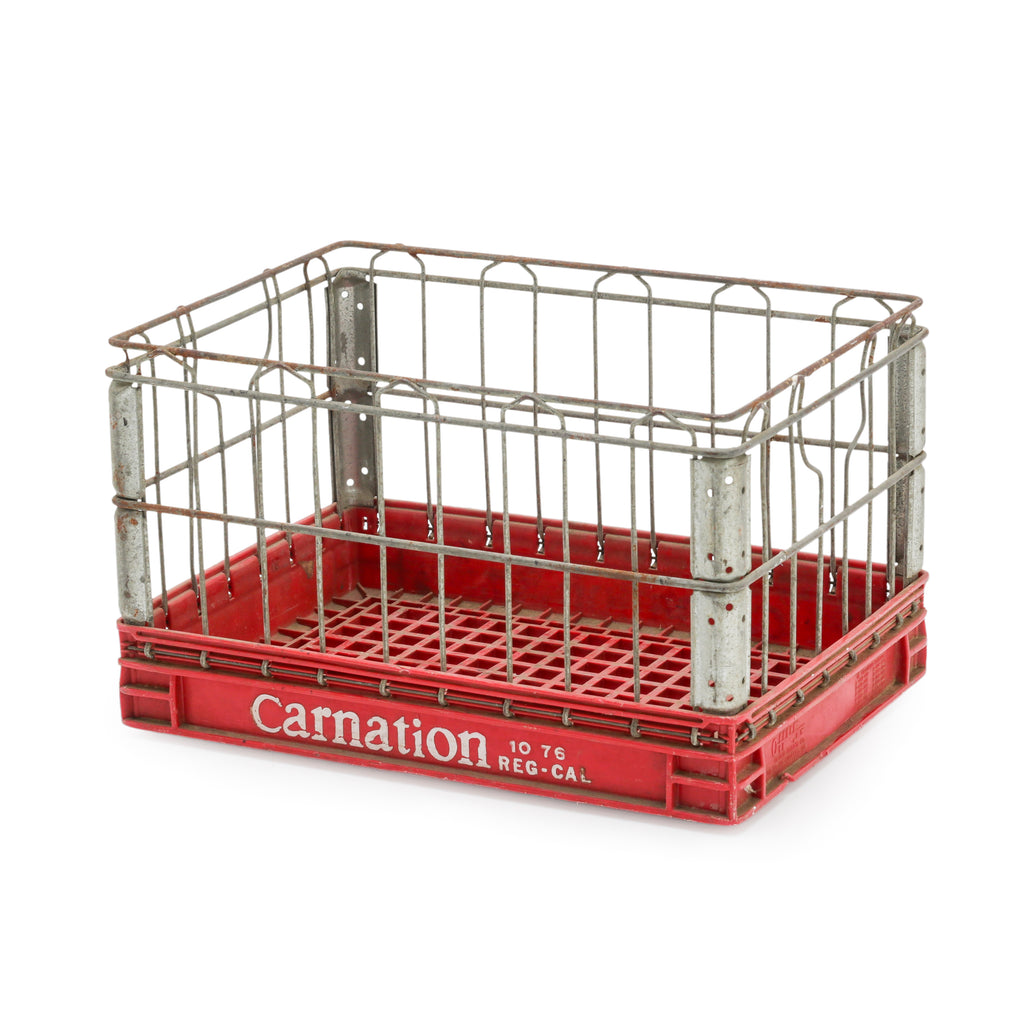 Red Plastic and Metal Milk Crate