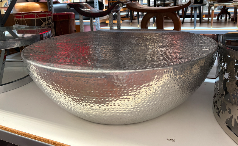 Round Hammered Silver Aluminum Drum Coffee Table