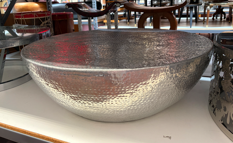 Round Hammered Silver Aluminum Drum Coffee Table