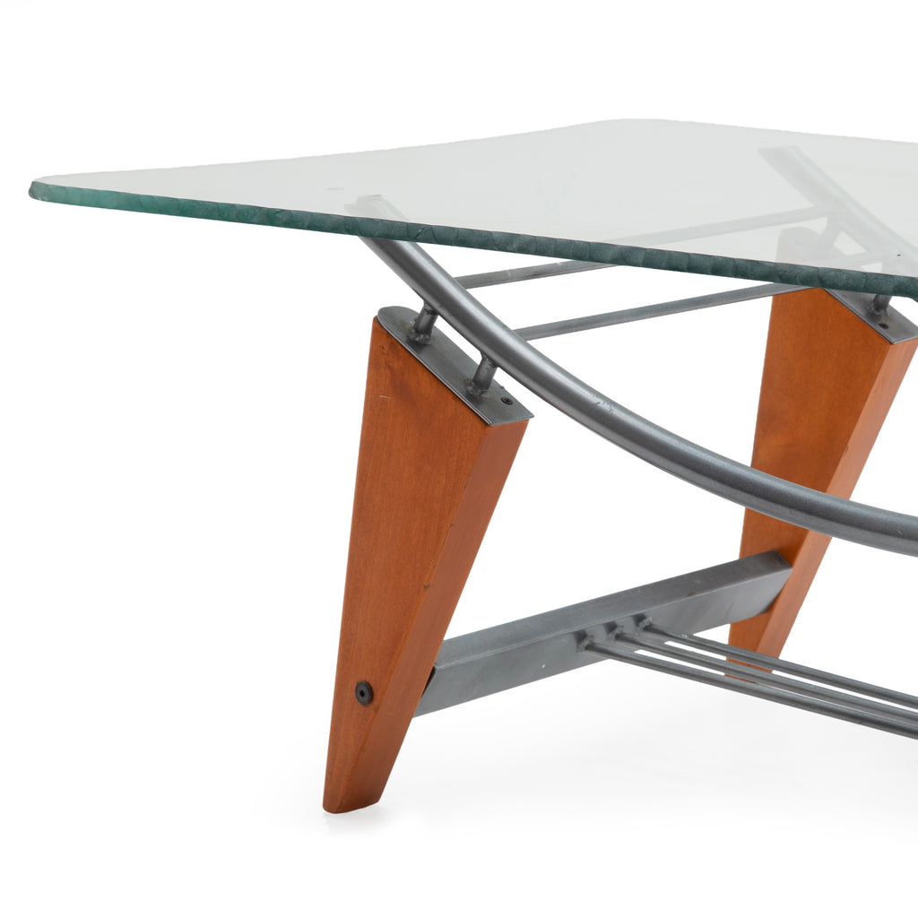 Demi-Lune Clear Glass Console Table with Wood Legs and Metal Accents