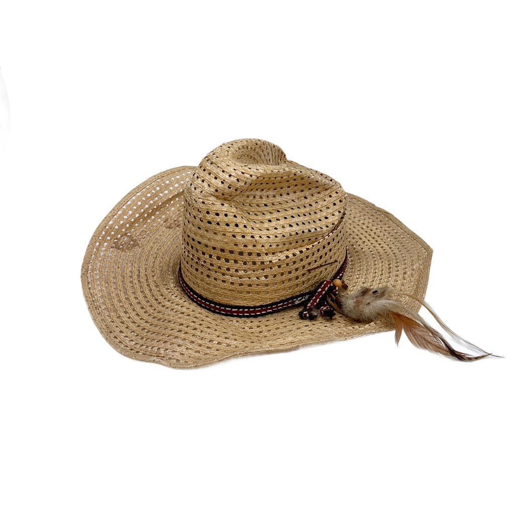 Straw Cowboy Hat with Beaded Feathered Band