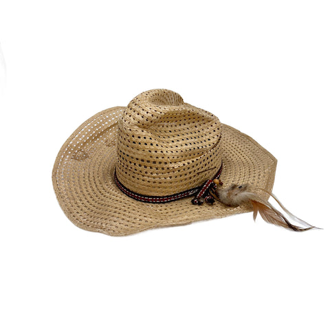 Straw Cowboy Hat with Beaded Feathered Band