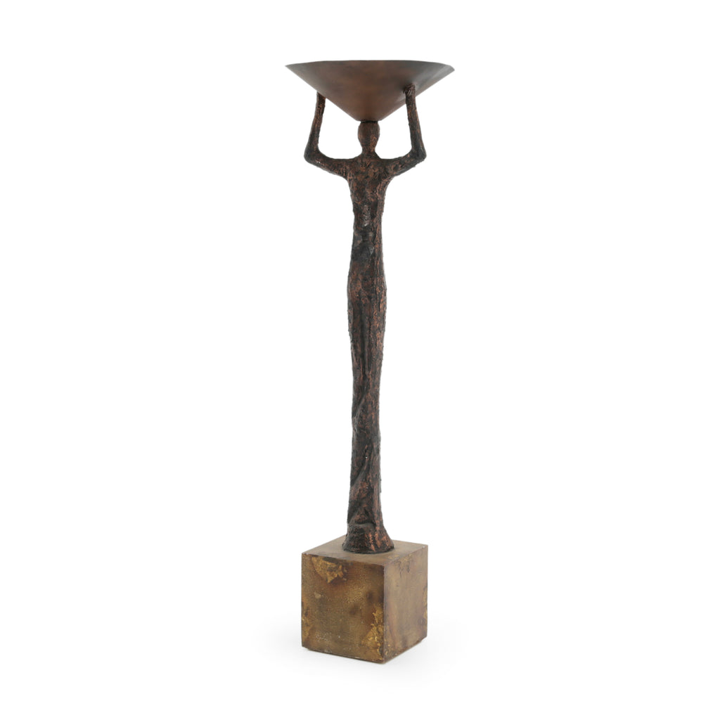 Bronze Brutalist Humanoid Sculpture with Bowl