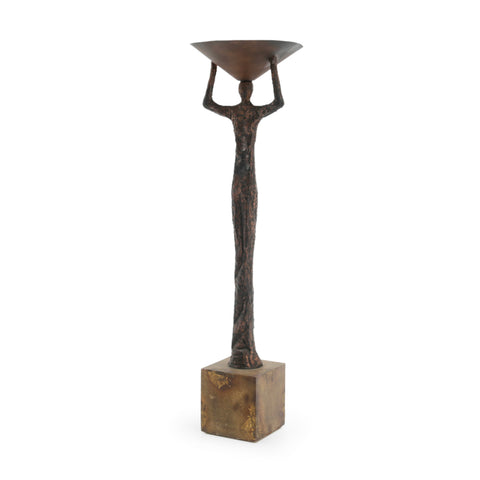 Bronze Brutalist Humanoid Sculpture with Bowl