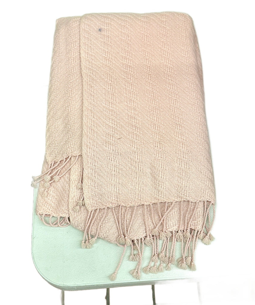 Pink Herringbone Throw Blanket with Knotted Fringe