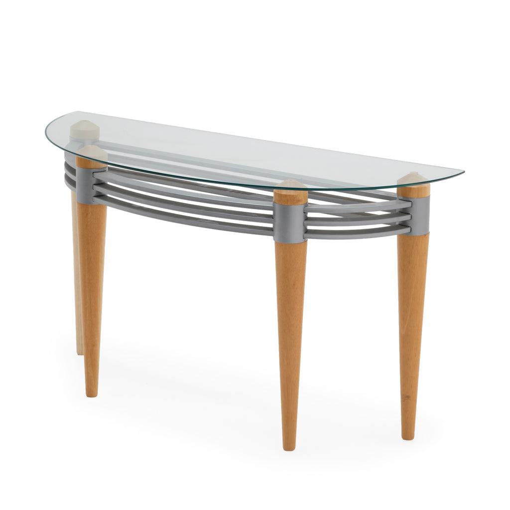 Demi-Lune Clear Glass Console Table with Wood Legs and Metal Accents