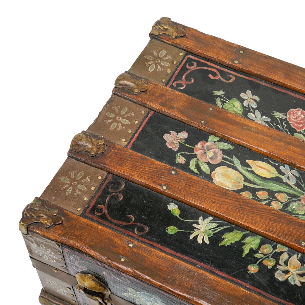 Black Wooden Trunk with Hand-Painted Floral Motifs and Brass Hardware