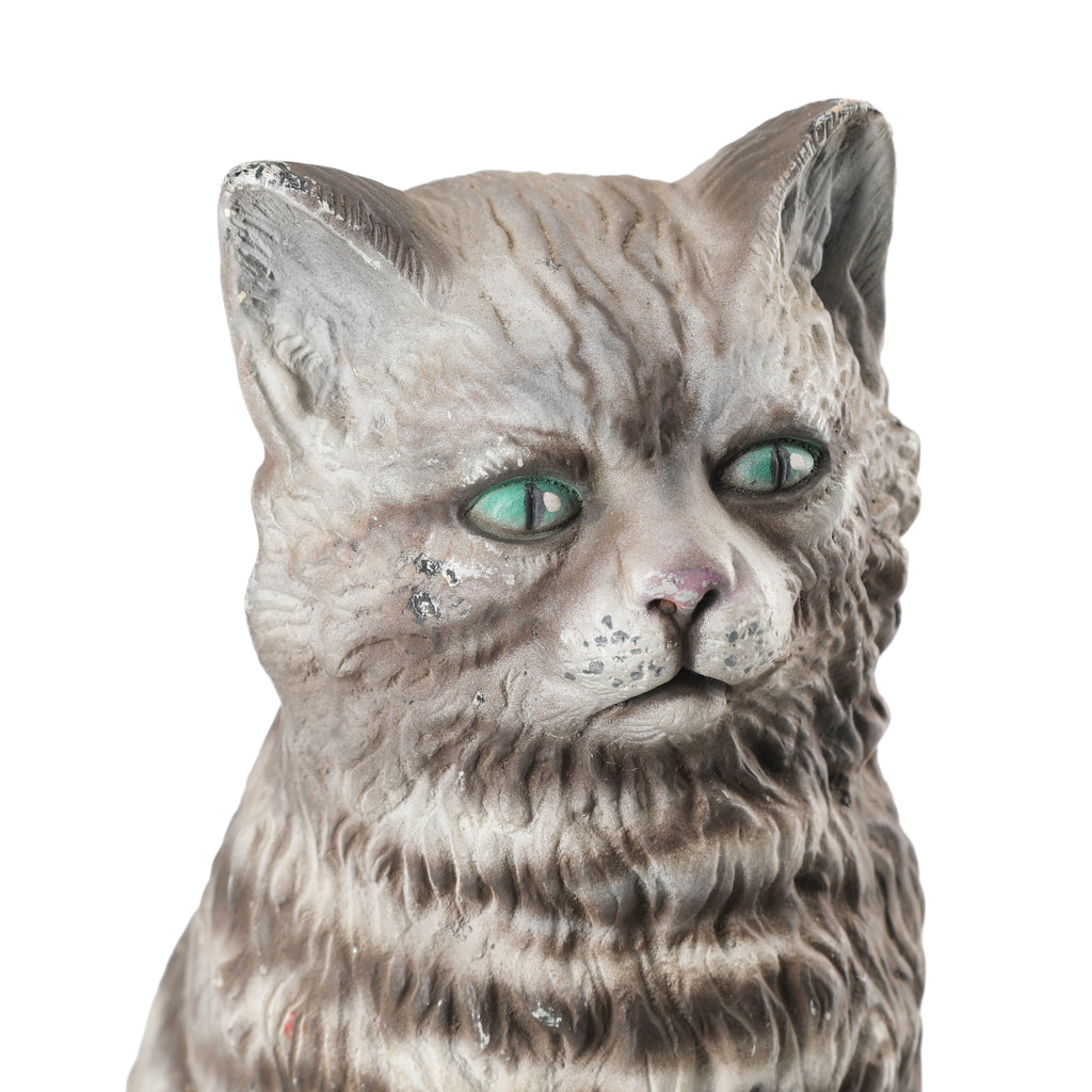 Gray Striped Cat Figurine with Green Eyes