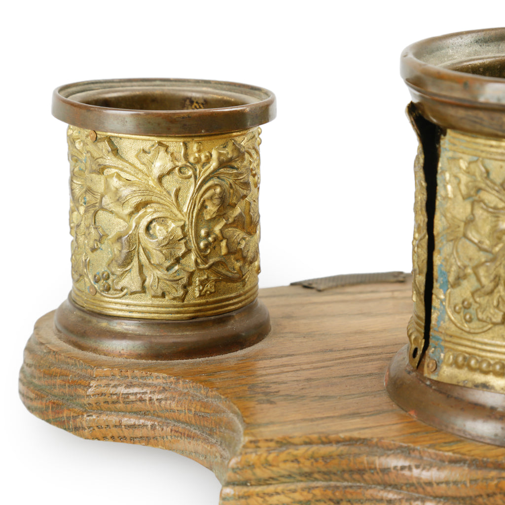 Ornate Brass & Wood Triple Inkwell Holder