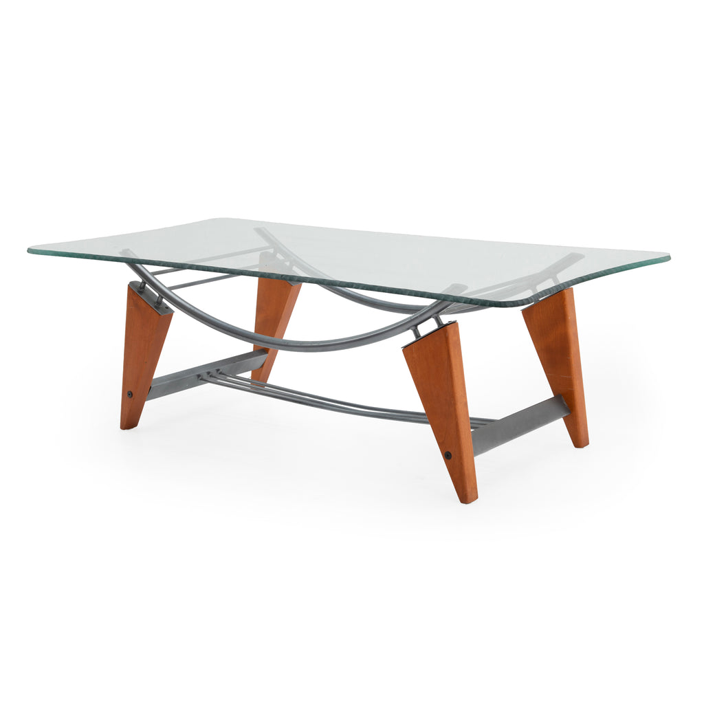 Demi-Lune Clear Glass Console Table with Wood Legs and Metal Accents