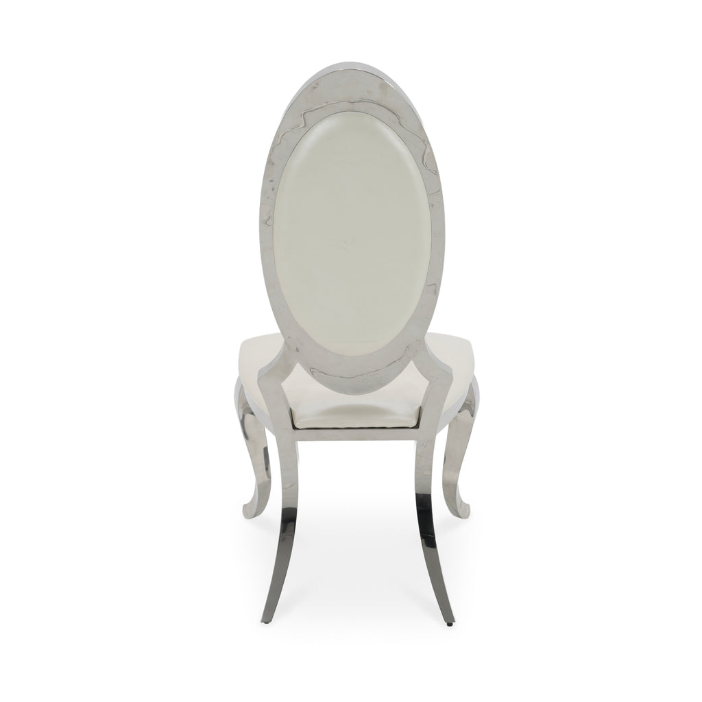 White Leather and Chrome Oval Back Ornate Dining Chair