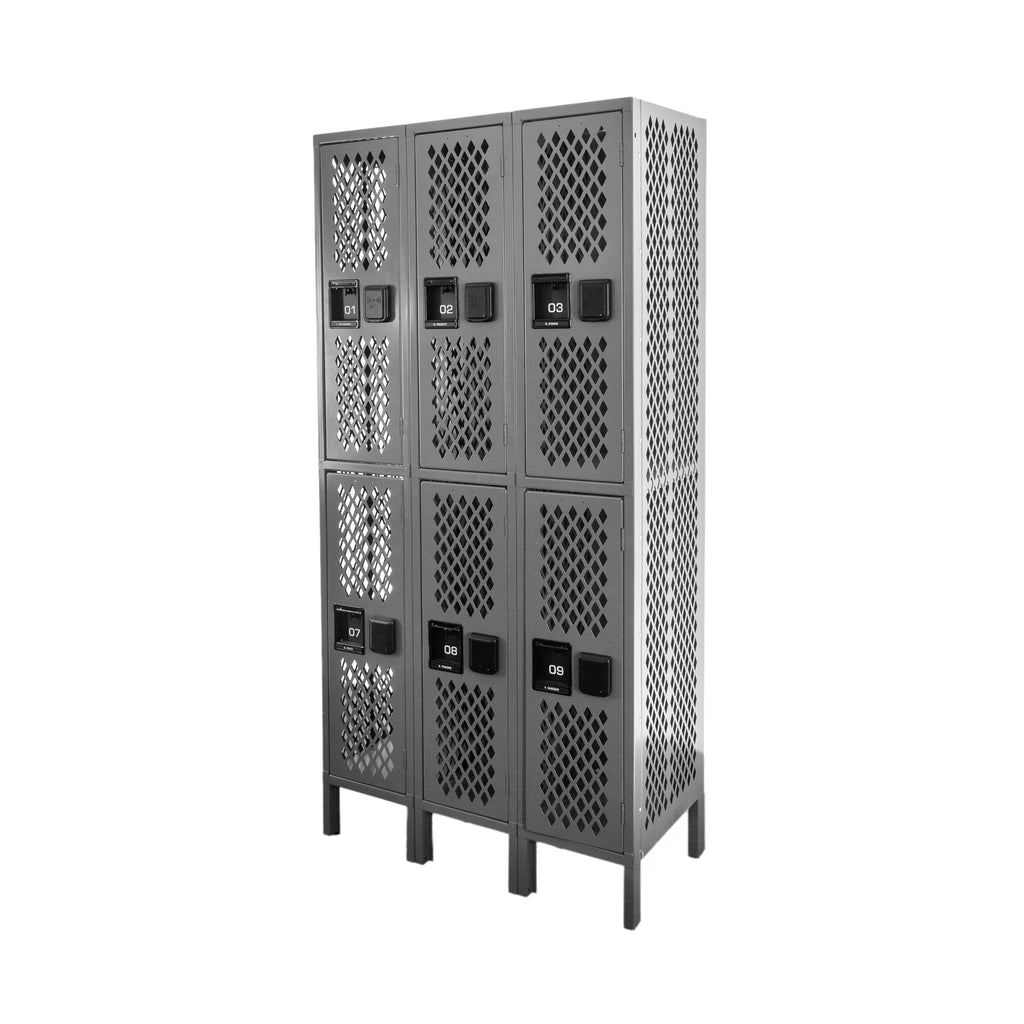Dark Gray Perforated Metal Six-Door Double-Stack Industrial Lockers