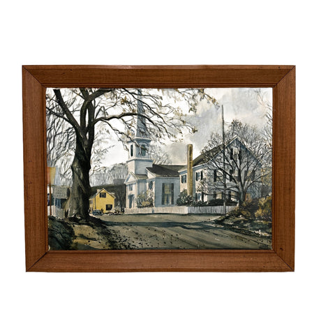 Relief Painting of Quaint Town Church and Trees