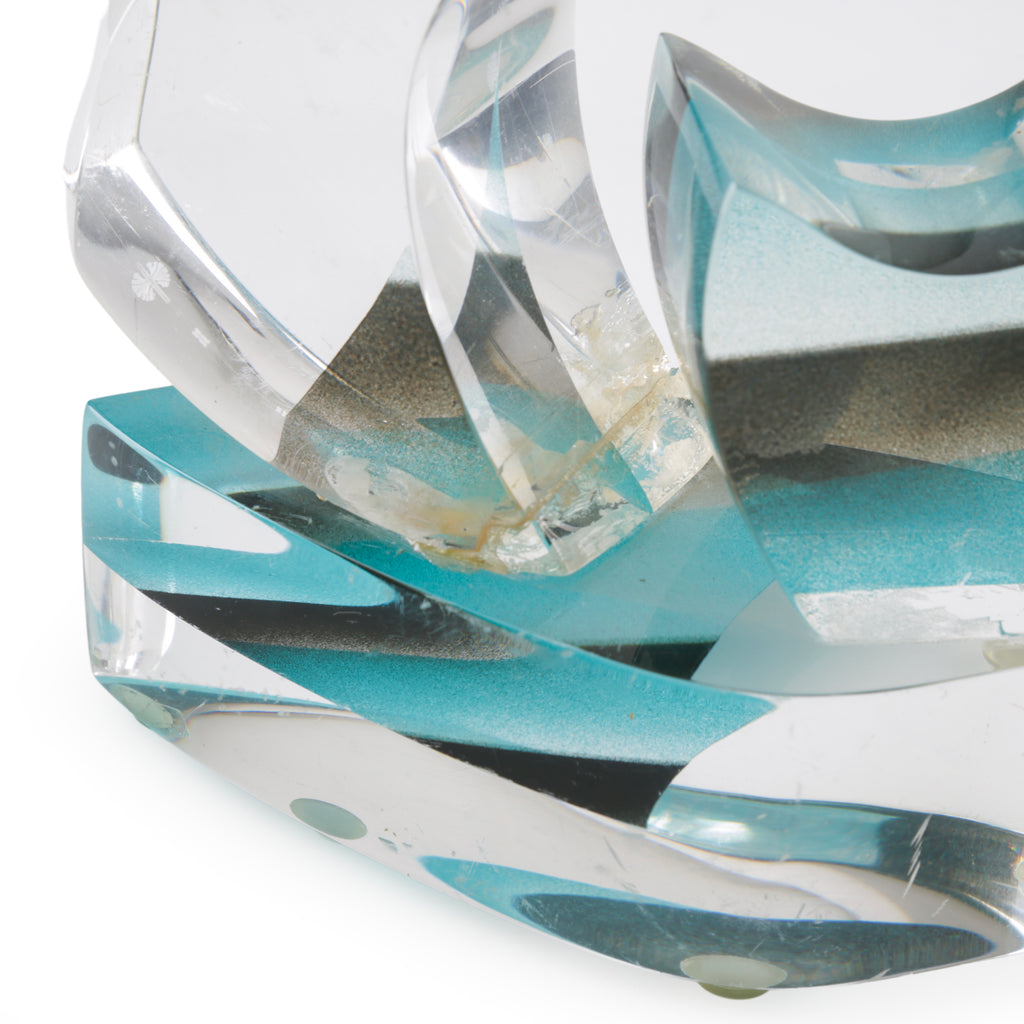 Abstract Clear Acrylic Wave Sculpture with Teal and Black Stripes