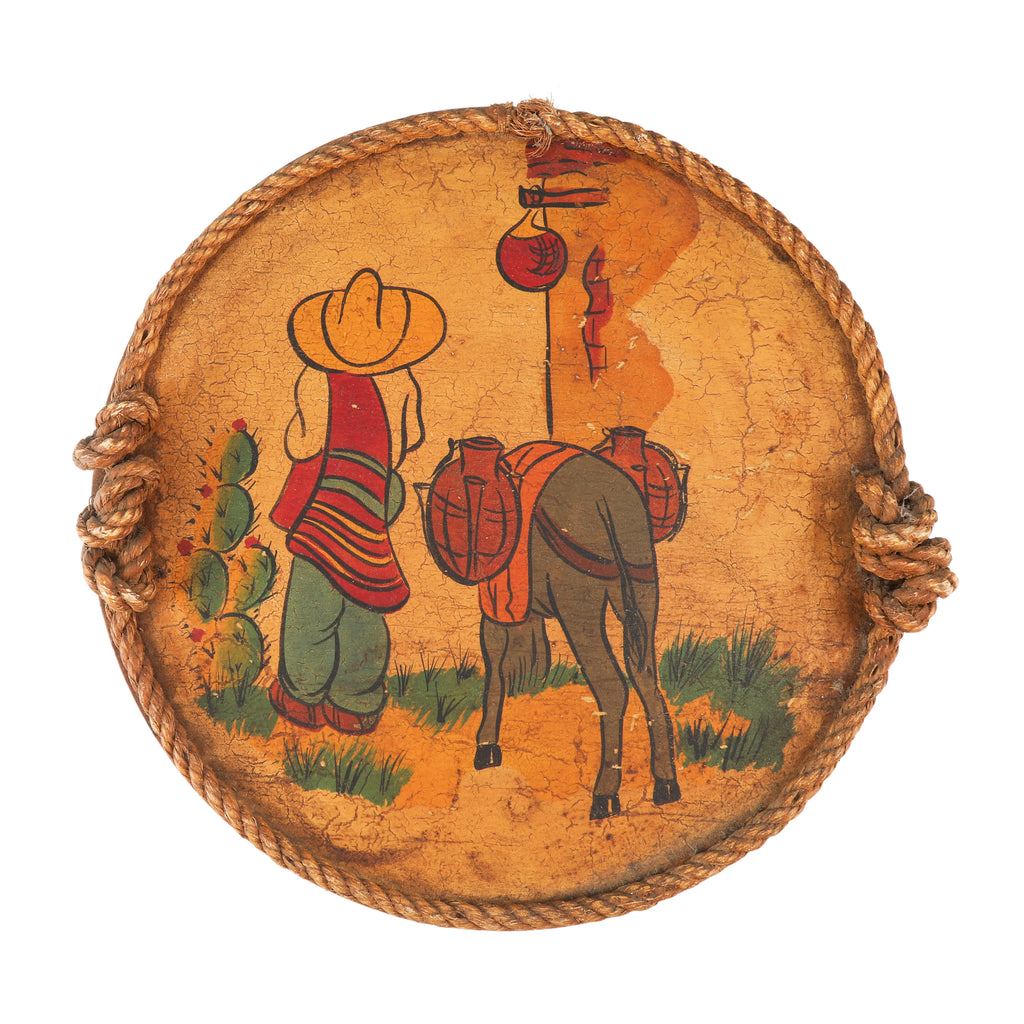 Round Hand-Painted Southwestern Art with Rope Handles