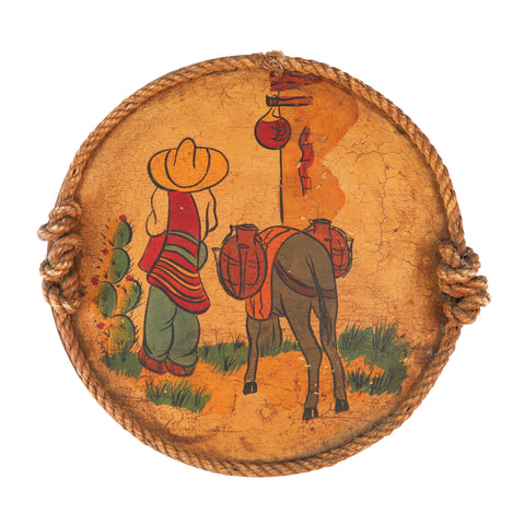 Round Hand-Painted Southwestern Art with Rope Handles