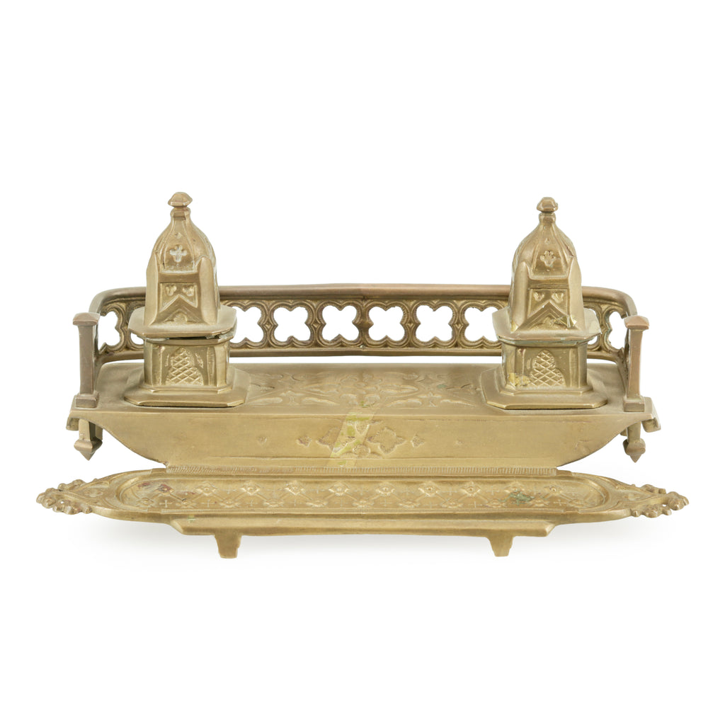 Brass Gothic Revival Double Inkwell