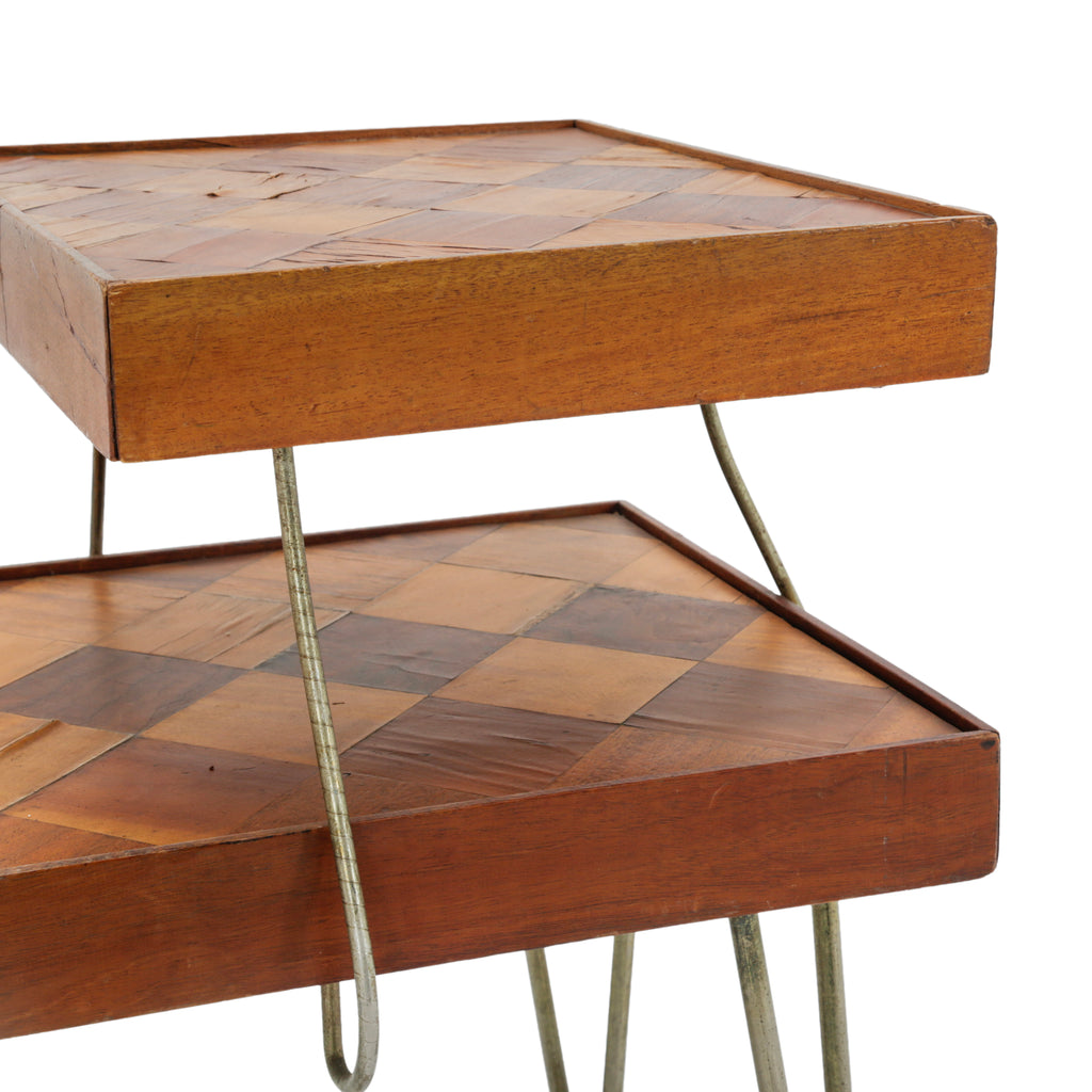 Modern Tiered Wood Inlaid End Tables with Hairpin Legs