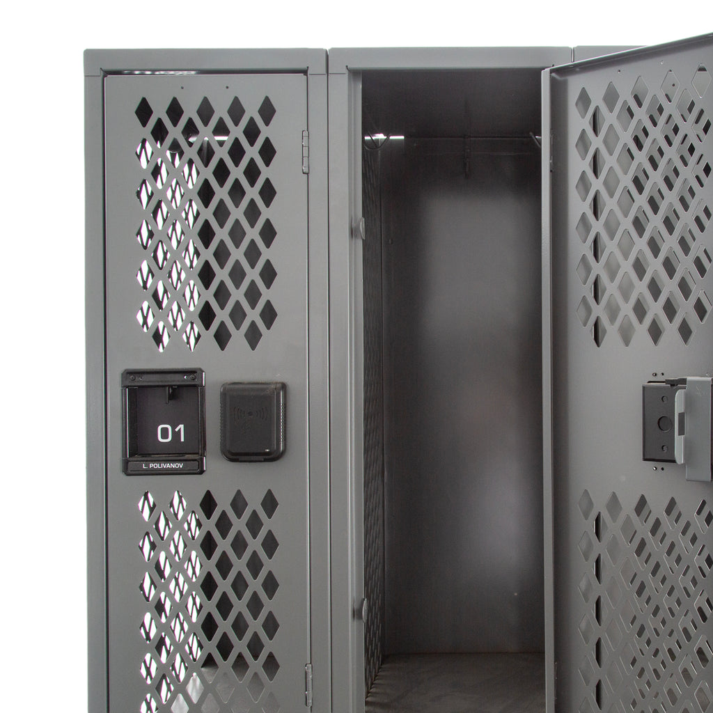 Dark Gray Perforated Metal Six-Door Double-Stack Industrial Lockers