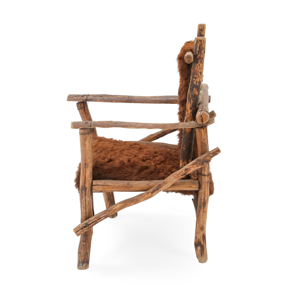 Raw Wood Armchair with Brown Animal Hide Fur