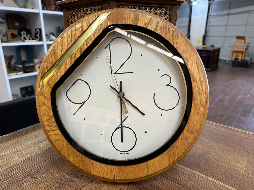 Oak Wood, Black, and Brass Round Wall Clock