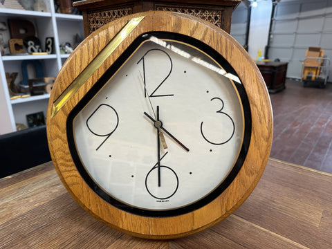 Oak Wood, Black, and Brass Round Wall Clock