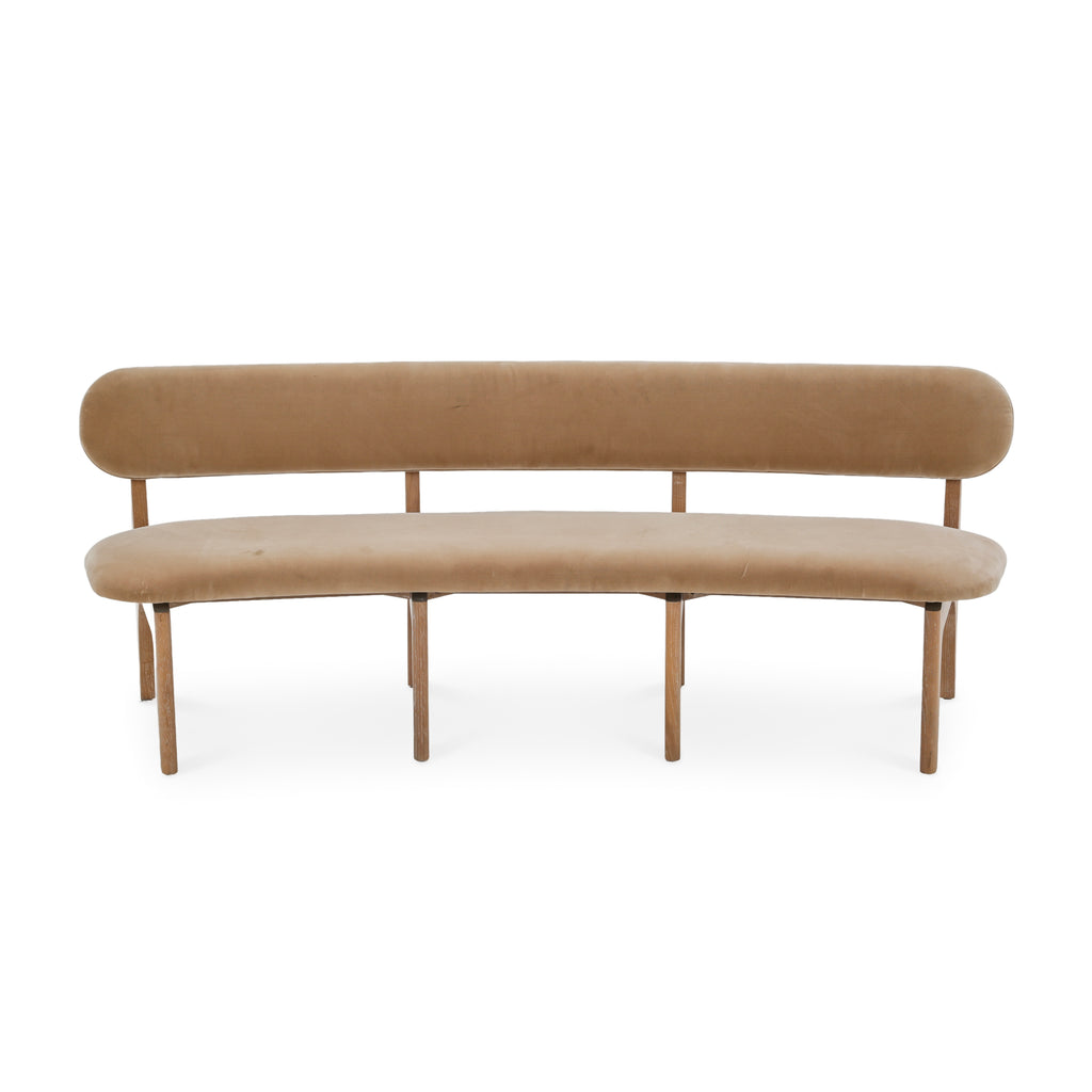 Tan Upholstered Curved Wood Dining Bench