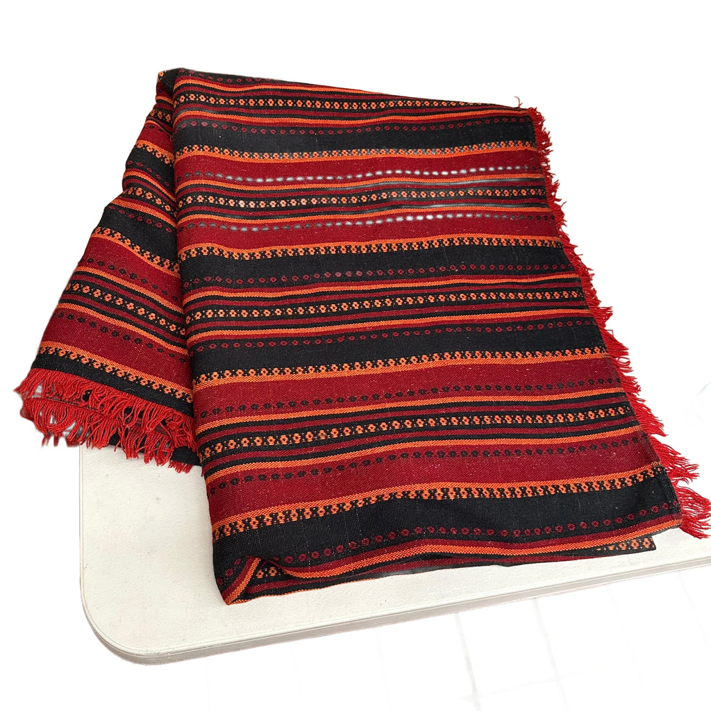 Fringed Deep Red, Black, and Orange Striped Woven Blanket
