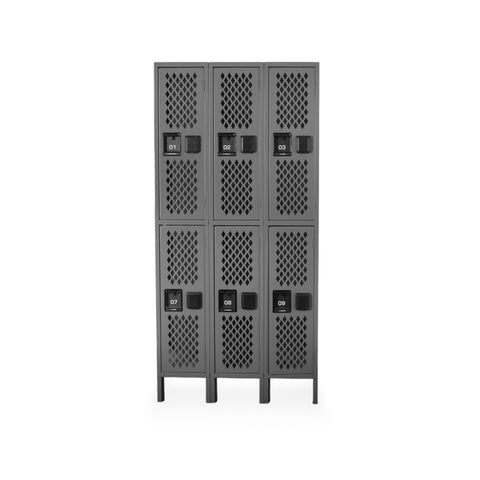 Dark Gray Perforated Metal Six-Door Double-Stack Industrial Lockers