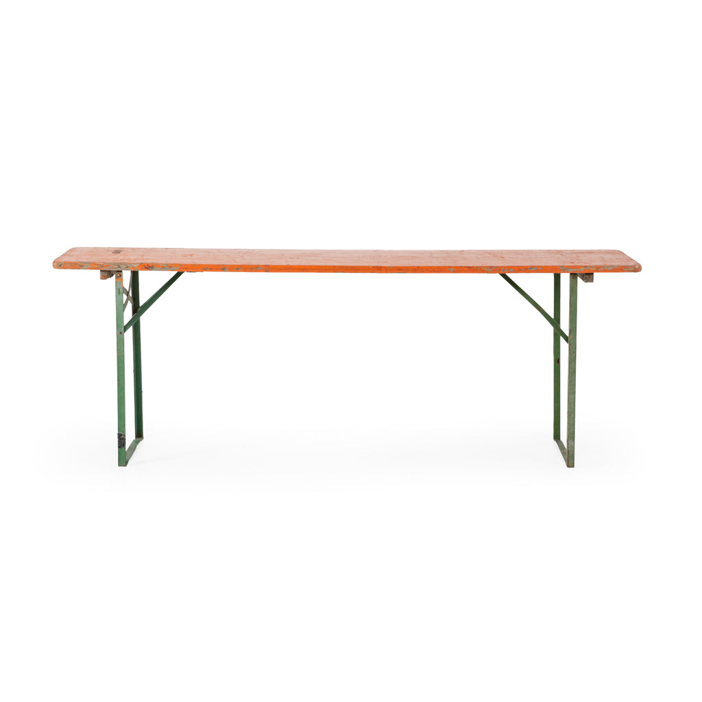 Distressed Orange Wooden Folding Table with Green Metal Legs